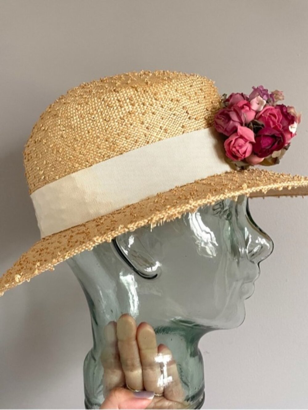 Vintage Straw Boater Hat w/ Flowers - made by Vicki Sather 🇨🇦 - Picture 6 of 10